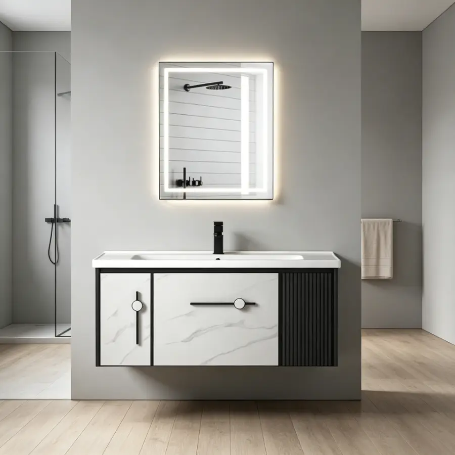 Customized CE Unique Black and White Double-color Fluted Antique 40-inch Bathroom Storage Cabinet Floating Bathroom Vanity Set — image 7