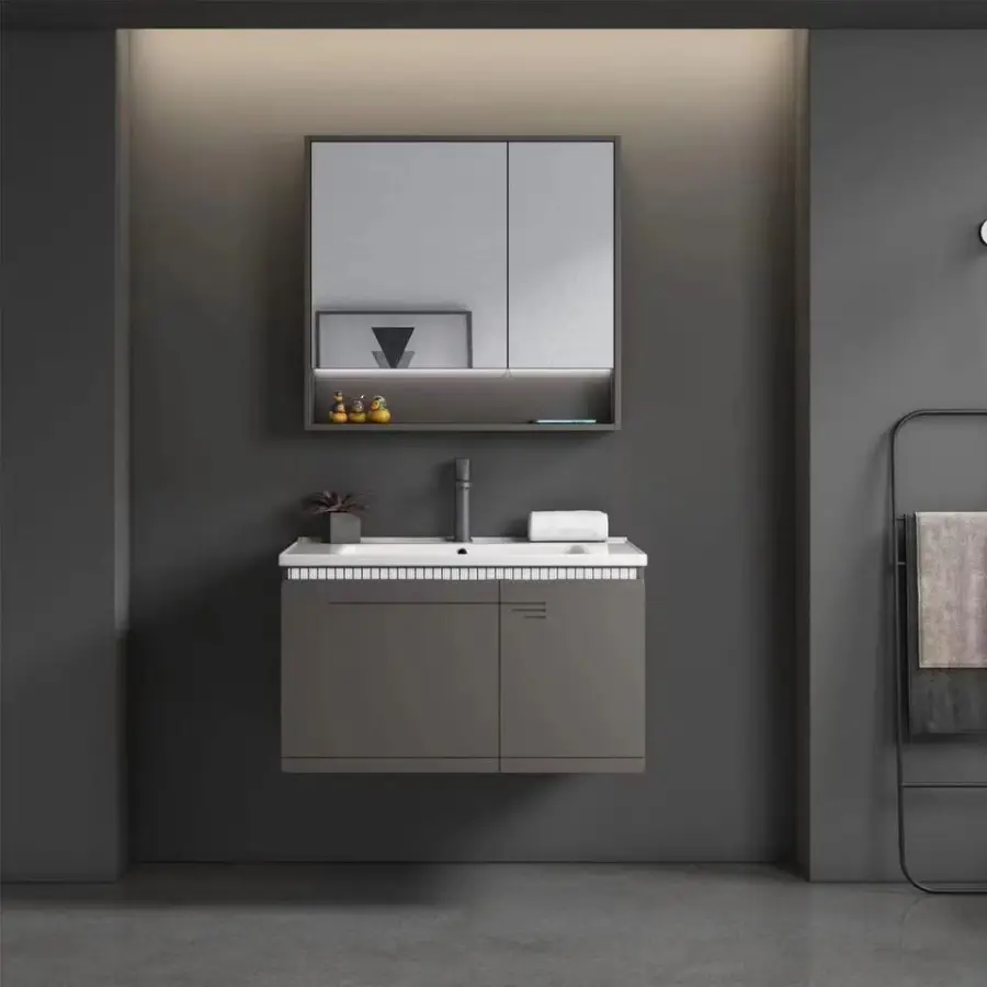Customized Modern Gray Wall-mounted Bathroom Vanity Set with LED Mirror Cabinet Integrated Ceramic Basin for Apartment P — view 1