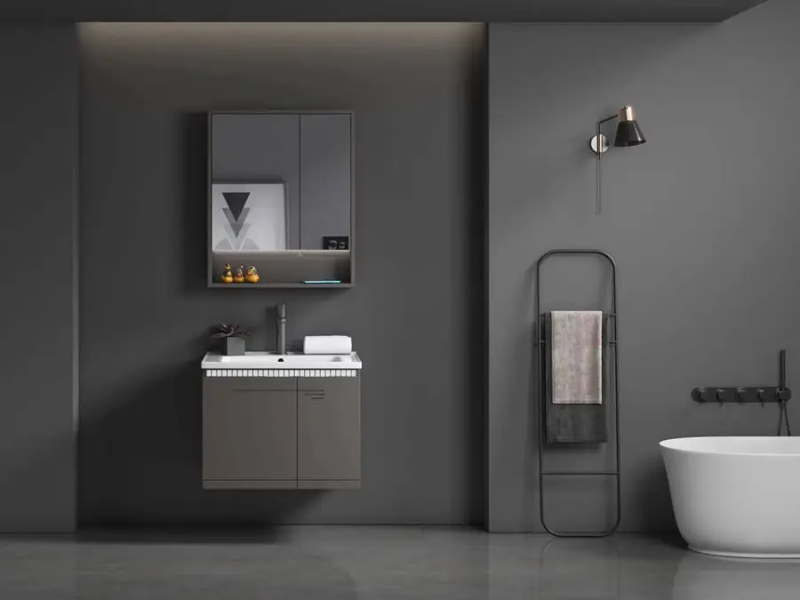 Customized Modern Gray Wall-mounted Bathroom Vanity Set with LED Mirror Cabinet Integrated Ceramic Basin for Apartment P — view 4