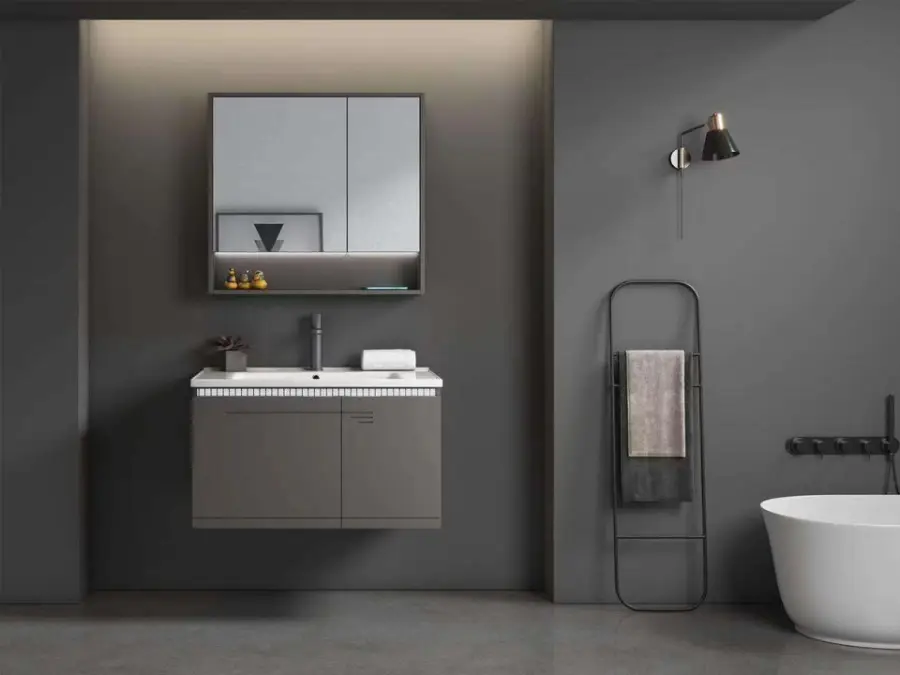 Customized Modern Gray Wall-mounted Bathroom Vanity Set with LED Mirror Cabinet Integrated Ceramic Basin for Apartment P — view 5