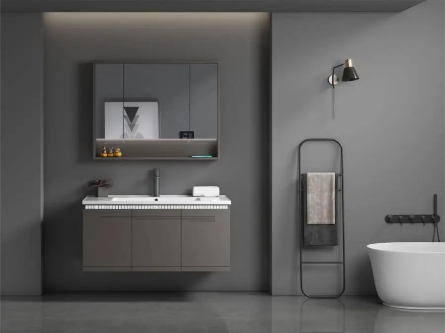 Customized Modern Gray Wall-mounted Bathroom Vanity Set with LED Mirror Cabinet Integrated Ceramic Basin for Apartment P — view 6