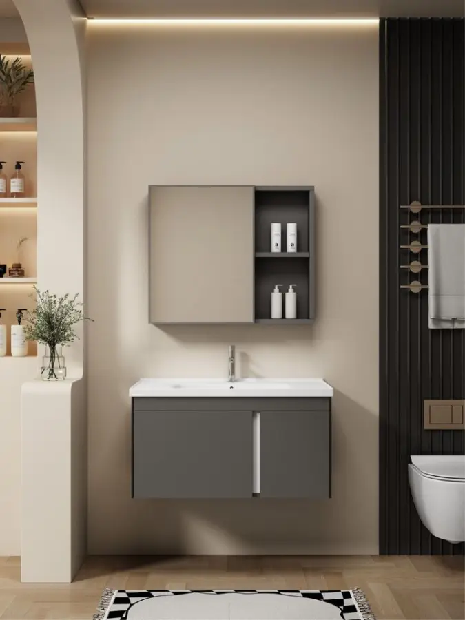 Customized Modern Dark Gray Wall-mounted Bathroom Vanity Set with LED Mirror Cabinet Ceramic Basin for Apartment Project — image 3