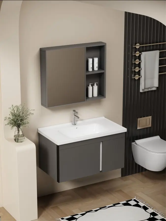 Customized Modern Dark Gray Wall-mounted Bathroom Vanity Set with LED Mirror Cabinet Ceramic Basin for Apartment Project — image 4