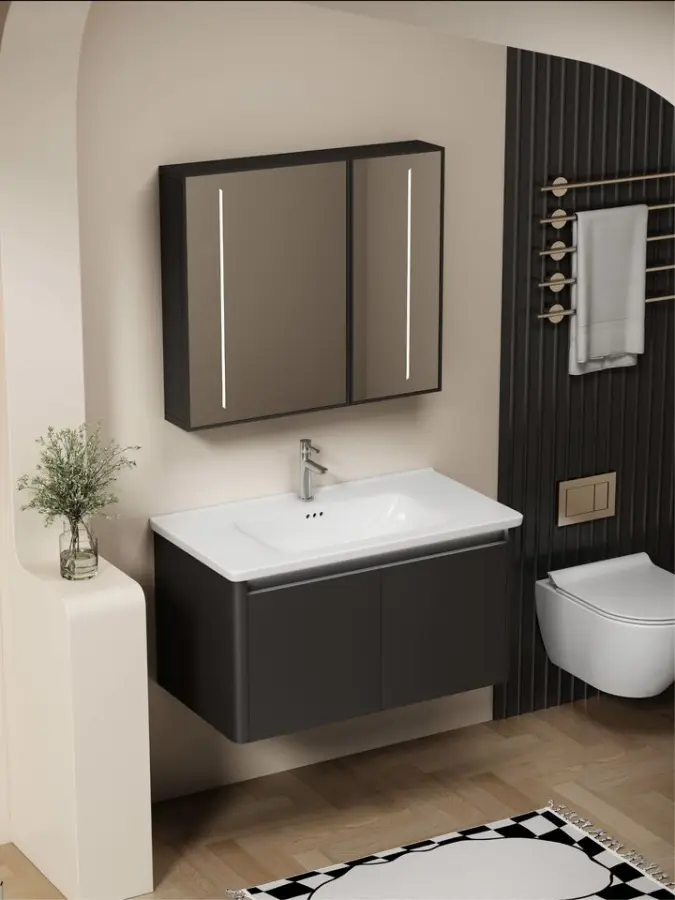 Customized Modern Dark Gray Wall-mounted Bathroom Vanity Set with LED Mirror Cabinet Ceramic Basin for Apartment Project — image 5