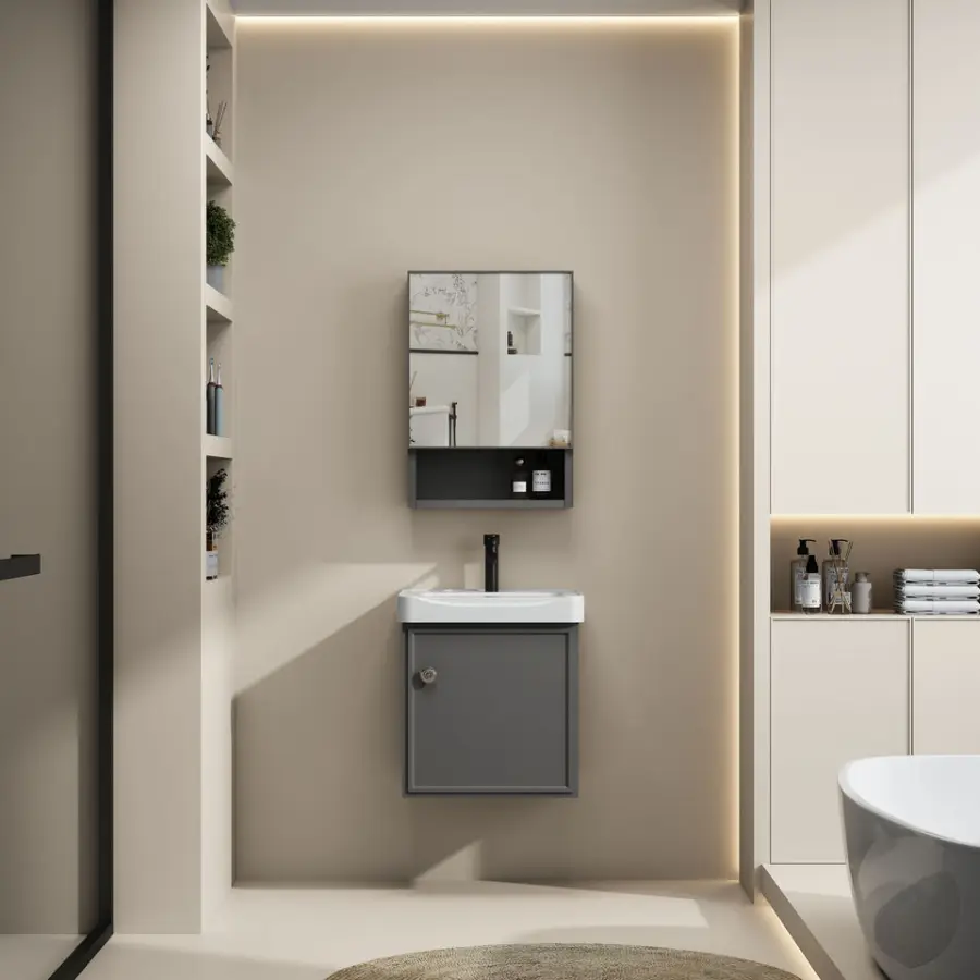 Customized Modern Gray Wall-mounted Bathroom Vanity with Mirror Cabinet Integrated Ceramic Basin for Small Apartment Bathroom — image 3