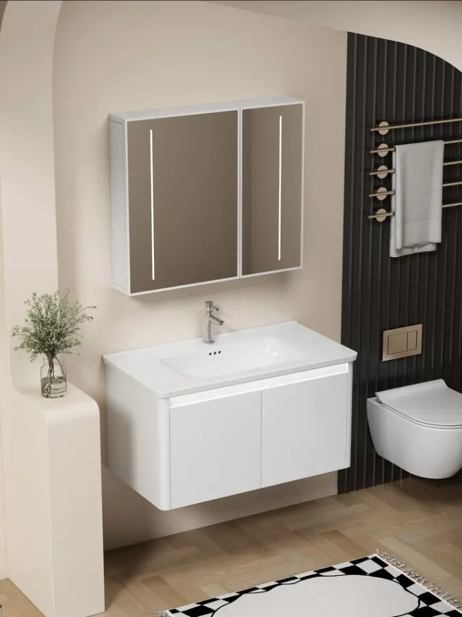 Customized Modern Dark Gray Wall-mounted Bathroom Vanity Set with LED Mirror Cabinet Ceramic Basin for Apartment Project — image 6