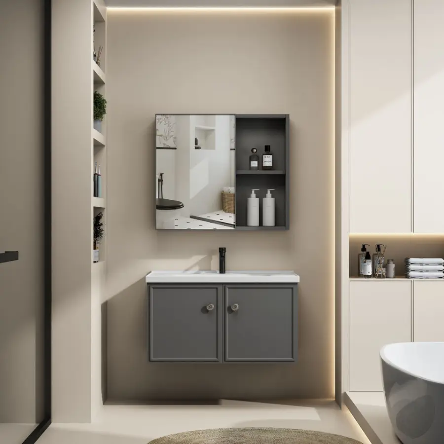 Customized Modern Gray Wall-mounted Bathroom Vanity with Mirror Cabinet Integrated Ceramic Basin for Small Apartment Bathroom — image 5