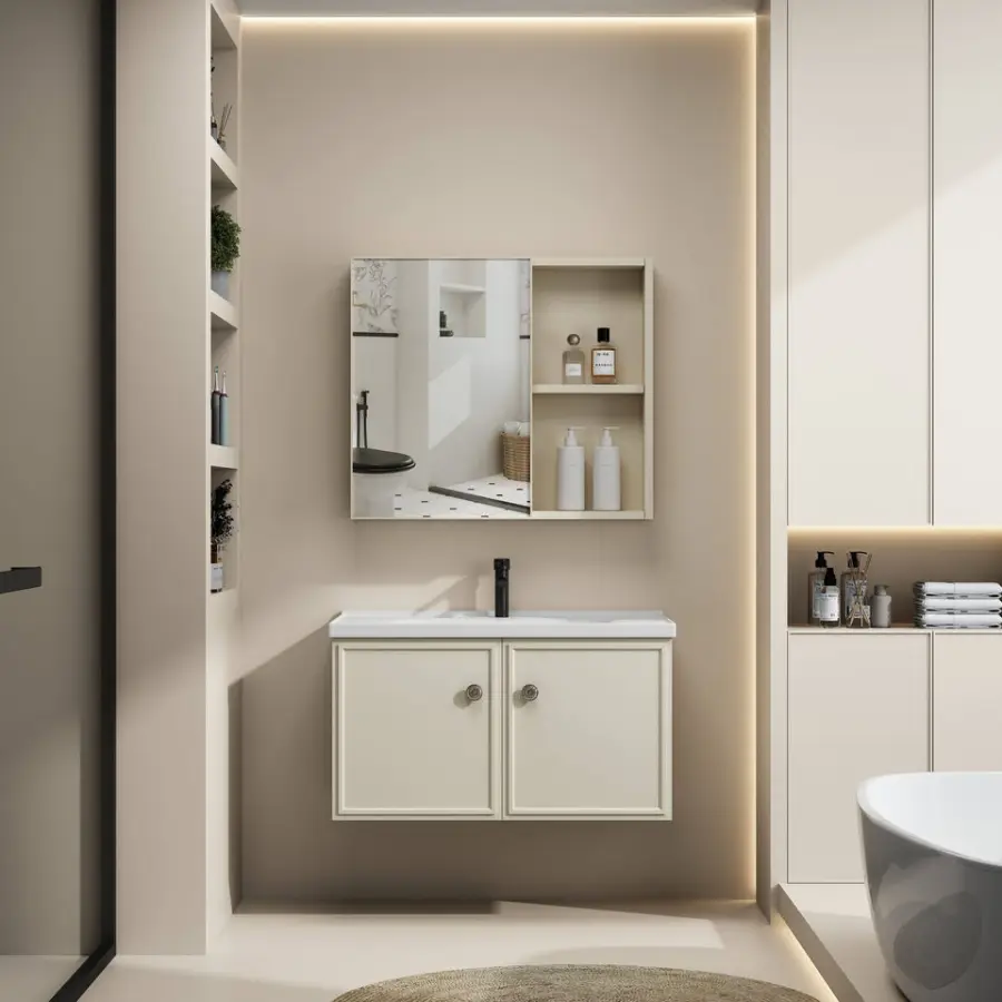 Customized Modern Gray Wall-mounted Bathroom Vanity with Mirror Cabinet Integrated Ceramic Basin for Small Apartment Bathroom — image 6