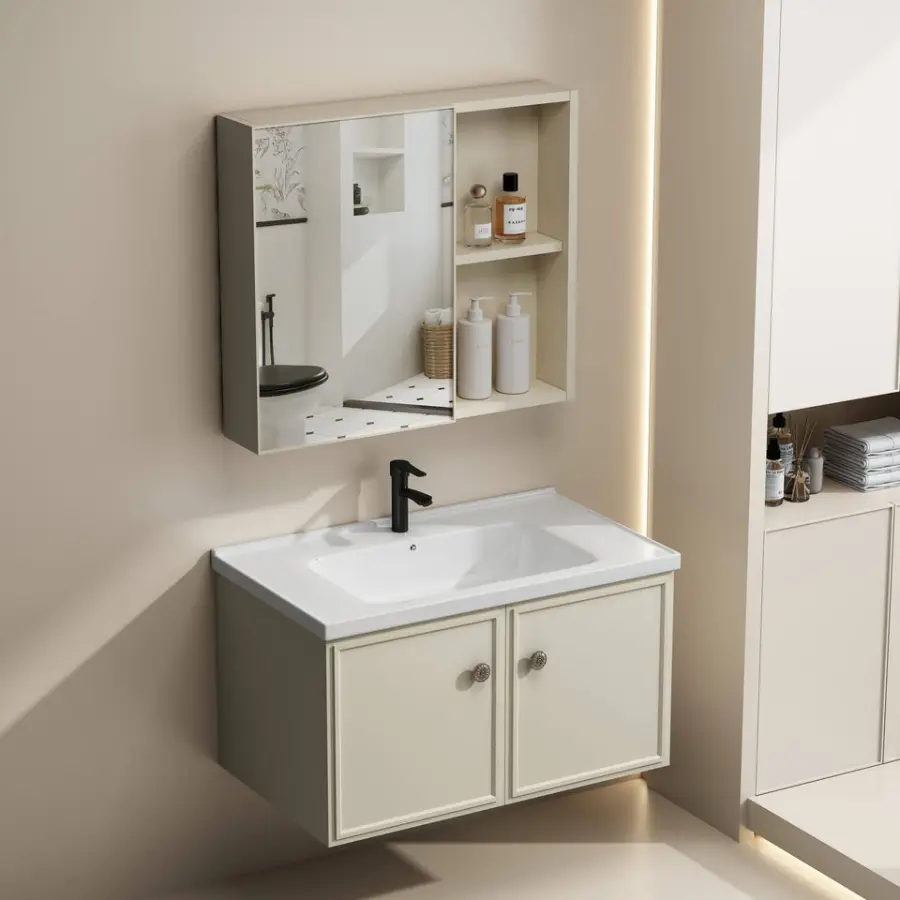 Customized Modern Gray Wall-mounted Bathroom Vanity with Mirror Cabinet Integrated Ceramic Basin for Small Apartment Bathroom — image 7