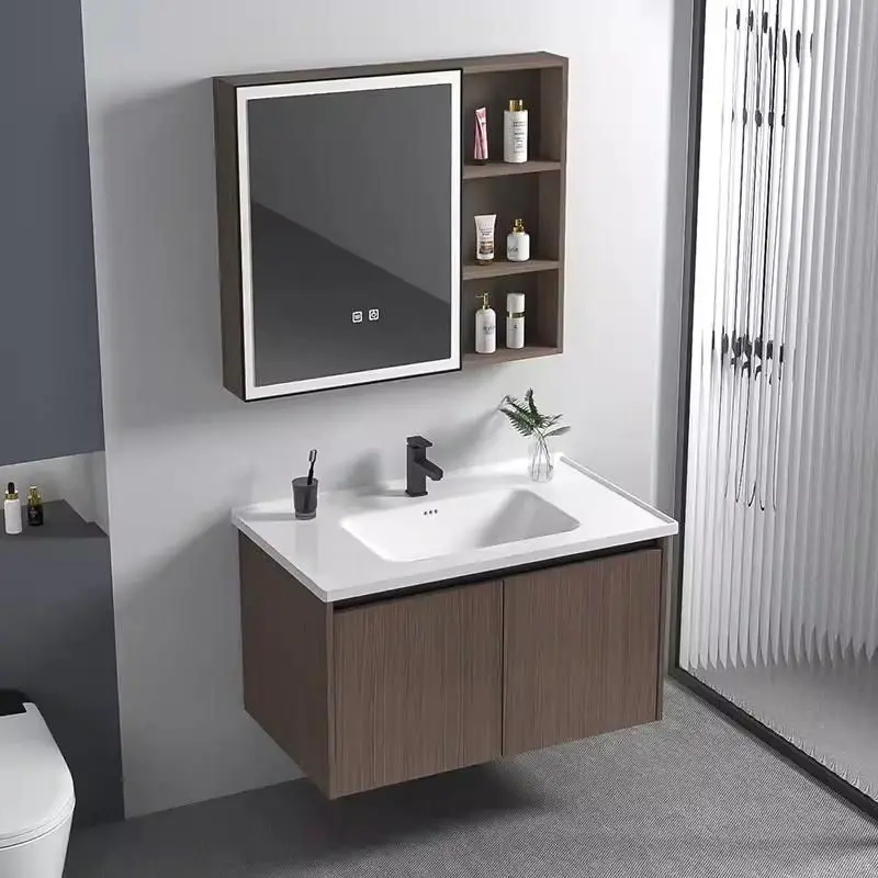 Customized Modern Light Walnut Wall-mounted Bathroom Vanity Set with LED Mirror Cabinet Ceramic Basin for Residential Pr — view 1