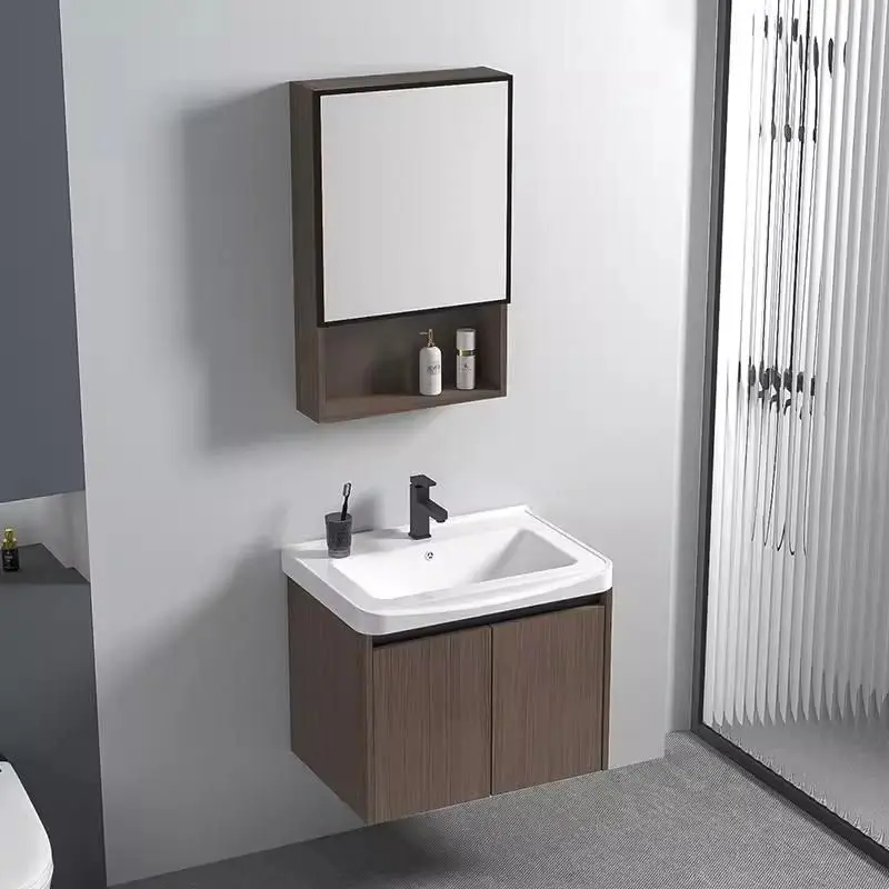 Customized Modern Light Walnut Wall-mounted Bathroom Vanity Set with LED Mirror Cabinet Ceramic Basin for Residential Pr — view 2