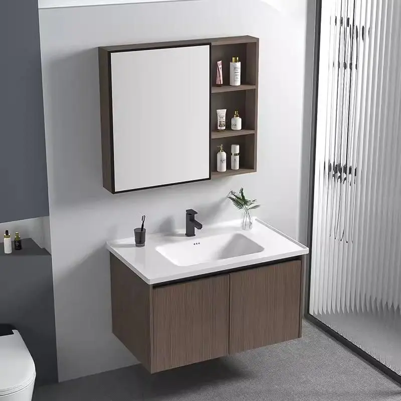Customized Modern Light Walnut Wall-mounted Bathroom Vanity Set with LED Mirror Cabinet Ceramic Basin for Residential Pr — view 3