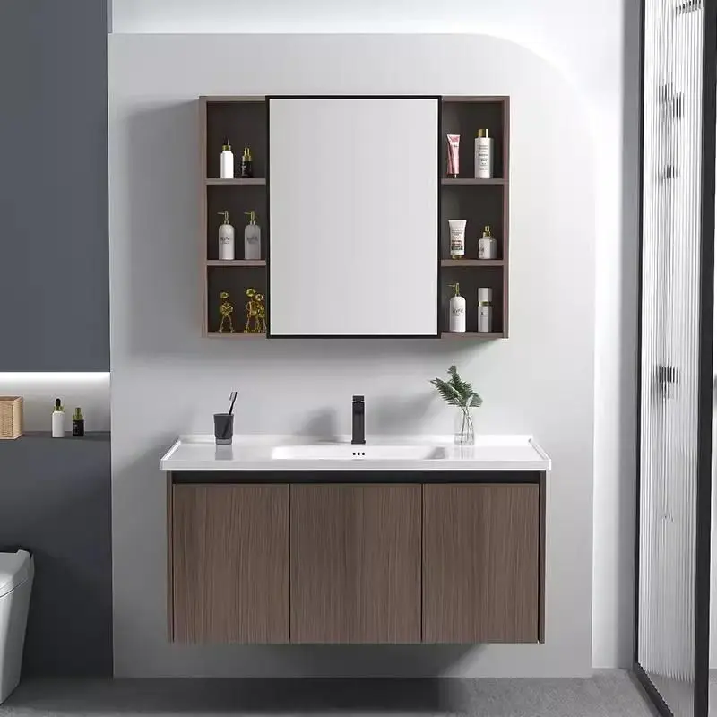 Customized Modern Light Walnut Wall-mounted Bathroom Vanity Set with LED Mirror Cabinet Ceramic Basin for Residential Pr — view 4