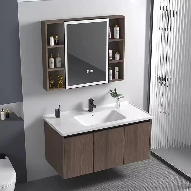 Customized Modern Light Walnut Wall-mounted Bathroom Vanity Set with LED Mirror Cabinet Ceramic Basin for Residential Pr — view 5