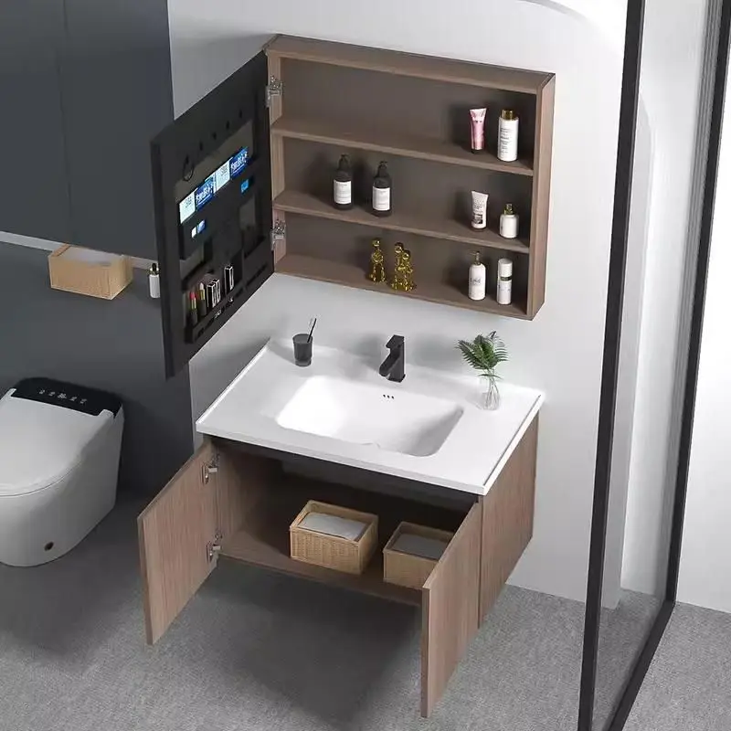Customized Modern Light Walnut Wall-mounted Bathroom Vanity Set with LED Mirror Cabinet Ceramic Basin for Residential Pr — view 6