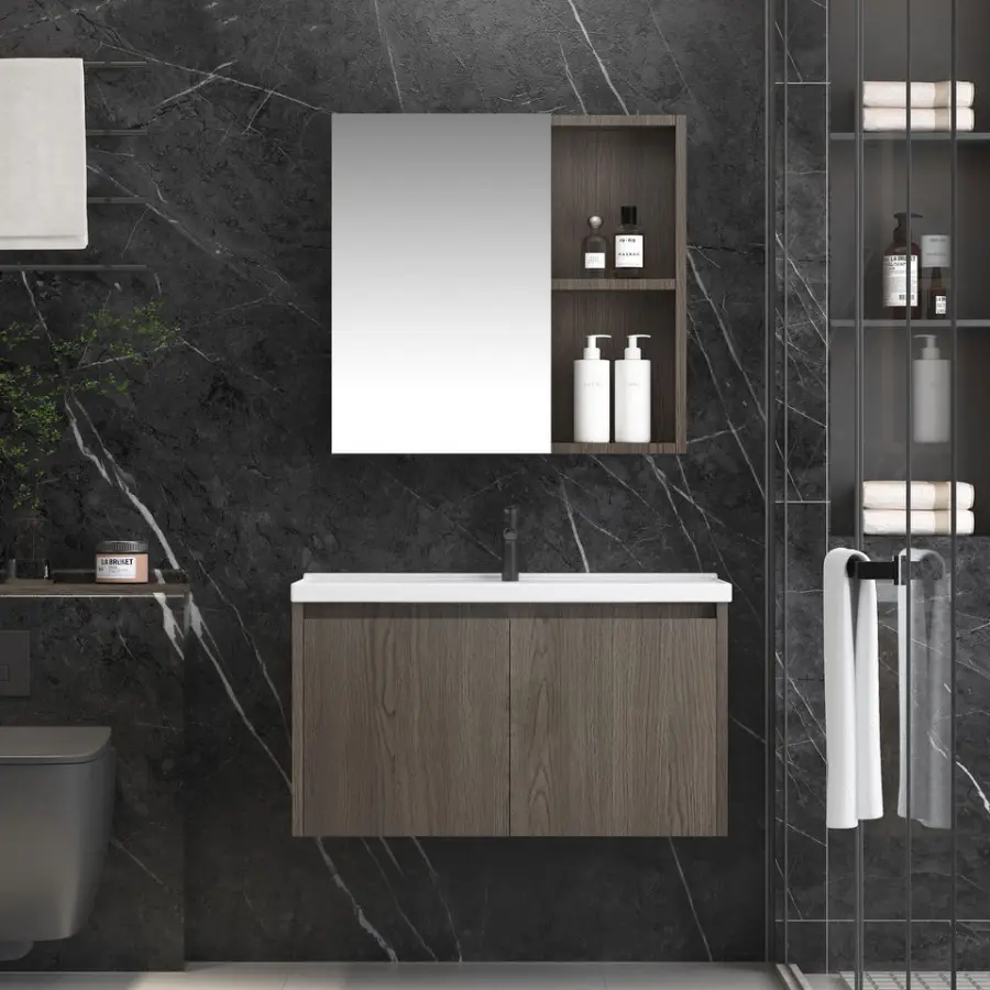 Customized Modern Walnut Wood Grain Wall-mounted Bathroom Vanity Set with Mirror Cabinet Ceramic Basin for Residential P — view 1