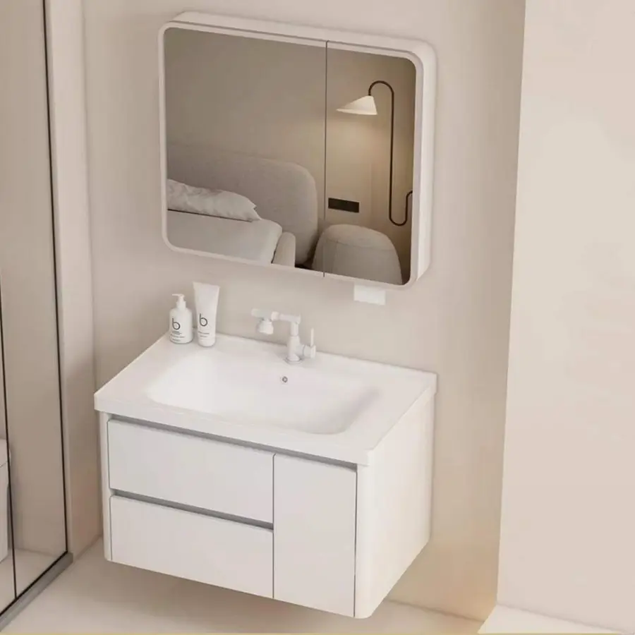 Customized Modern Cream White Wall-mounted Bathroom Vanity with Round Corner Mirror Integrated Ceramic Sink for Bathroom — view 1
