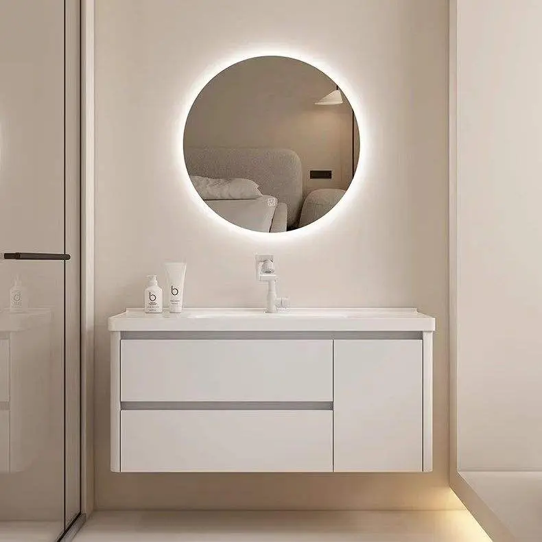 Customized Modern Cream White Wall-mounted Bathroom Vanity with Round Corner Mirror Integrated Ceramic Sink for Bathroom — view 2