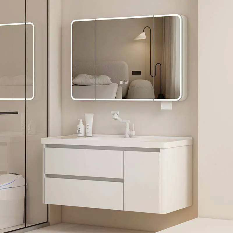 Customized Modern Cream White Wall-mounted Bathroom Vanity with Round Corner Mirror Integrated Ceramic Sink for Bathroom — view 3