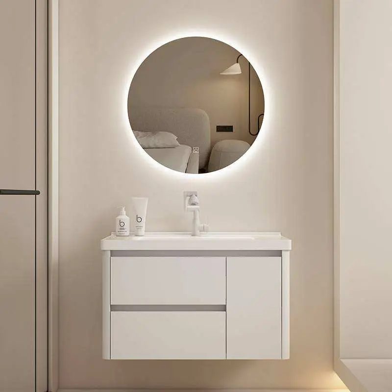 Customized Modern Cream White Wall-mounted Bathroom Vanity with Round Corner Mirror Integrated Ceramic Sink for Bathroom — view 4