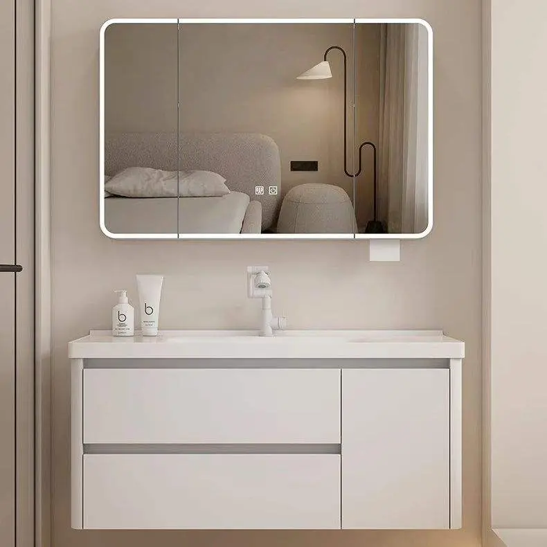 Customized Modern Cream White Wall-mounted Bathroom Vanity with Round Corner Mirror Integrated Ceramic Sink for Bathroom — view 5