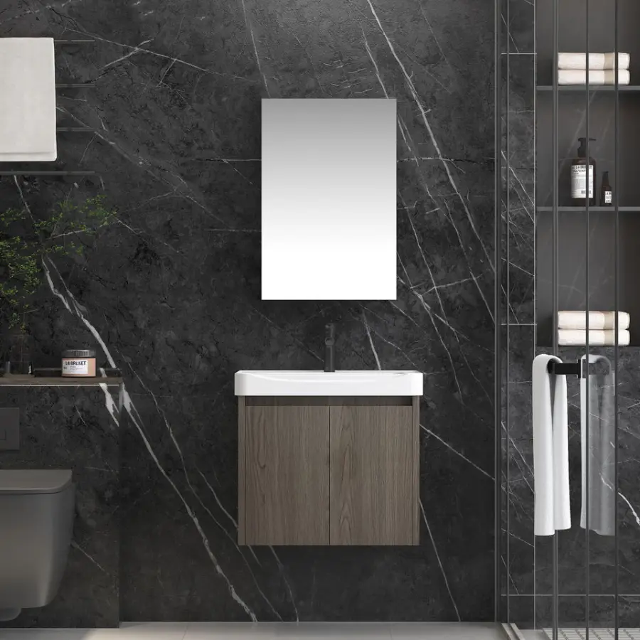Customized Modern Walnut Wood Grain Wall-mounted Bathroom Vanity Set with Mirror Cabinet Ceramic Basin for Residential Project — image 4