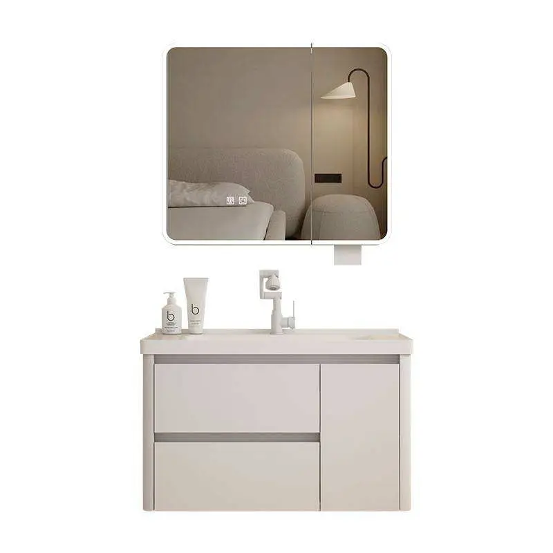 Customized Modern Cream White Wall-mounted Bathroom Vanity with Round Corner Mirror Integrated Ceramic Sink for Bathroom — view 6