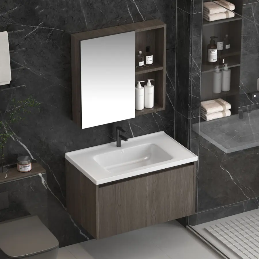Customized Modern Walnut Wood Grain Wall-mounted Bathroom Vanity Set with Mirror Cabinet Ceramic Basin for Residential Project — image 5