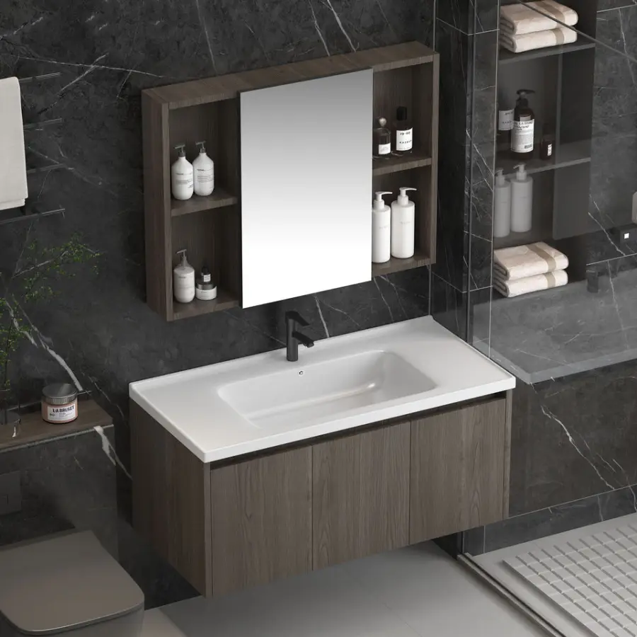 Customized Modern Walnut Wood Grain Wall-mounted Bathroom Vanity Set with Mirror Cabinet Ceramic Basin for Residential Project — image 6