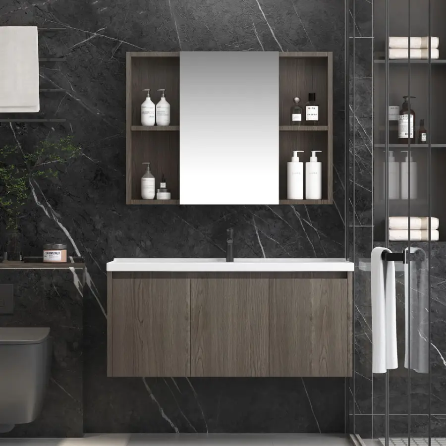 Customized Modern Walnut Wood Grain Wall-mounted Bathroom Vanity Set with Mirror Cabinet Ceramic Basin for Residential Project — image 7