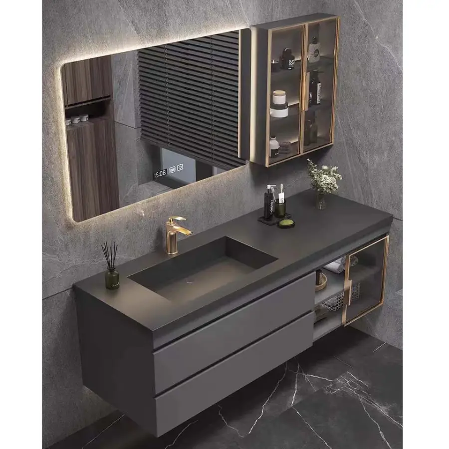 Customized Luxury Dark Grey Wall-mounted Bathroom Vanity with Integrated Stone Sink Waterproof Scratch Resistant for Hot — view 1