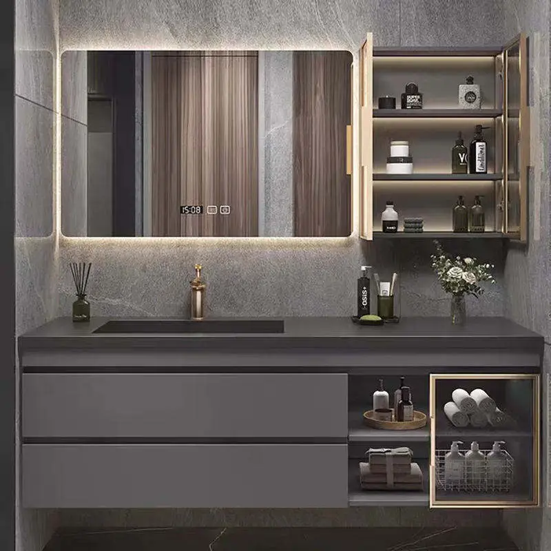 Customized Luxury Dark Grey Wall-mounted Bathroom Vanity with Integrated Stone Sink Waterproof Scratch Resistant for Hotel Villa — image 3