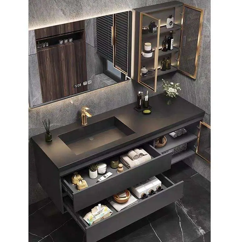Customized Luxury Dark Grey Wall-mounted Bathroom Vanity with Integrated Stone Sink Waterproof Scratch Resistant for Hotel Villa — image 4