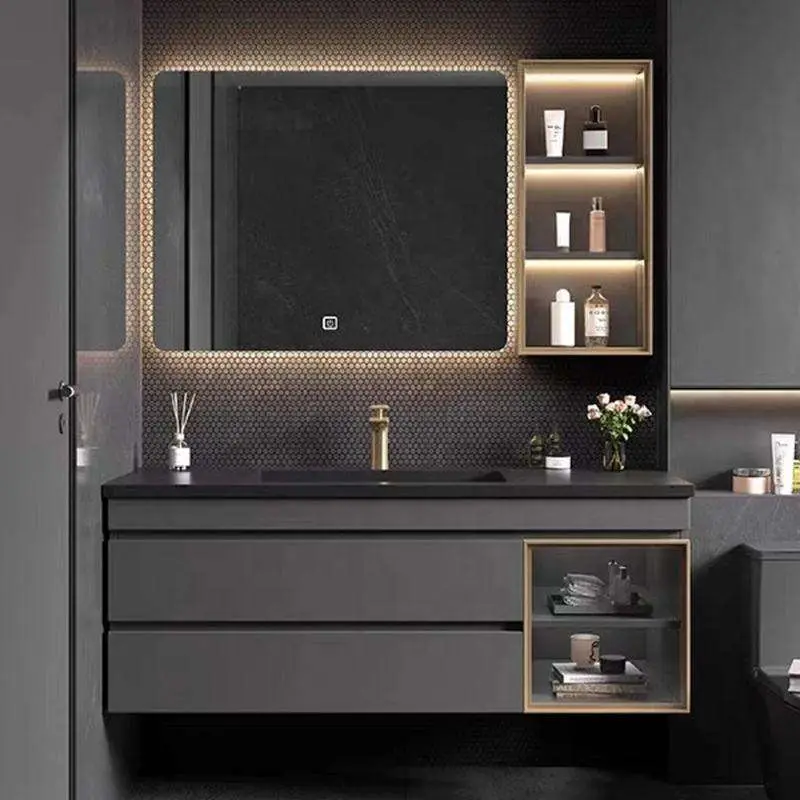Customized Luxury Dark Grey Wall-mounted Bathroom Vanity with Integrated Stone Sink Waterproof Scratch Resistant for Hotel Villa — image 5