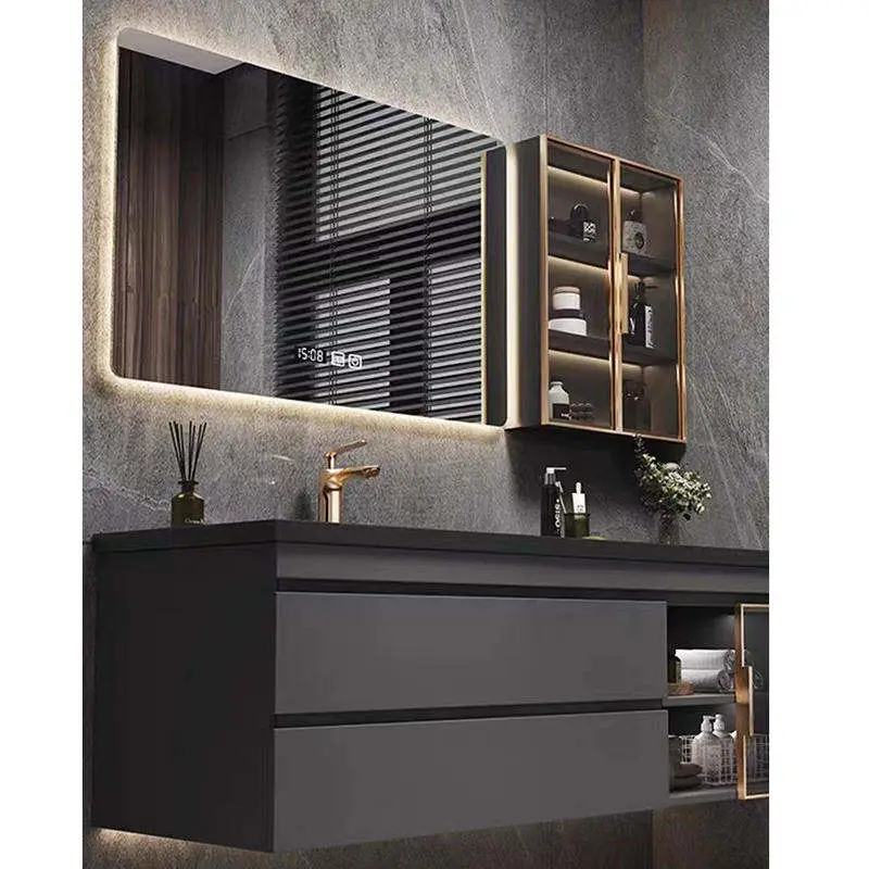 Customized Luxury Dark Grey Wall-mounted Bathroom Vanity with Integrated Stone Sink Waterproof Scratch Resistant for Hotel Villa — image 6