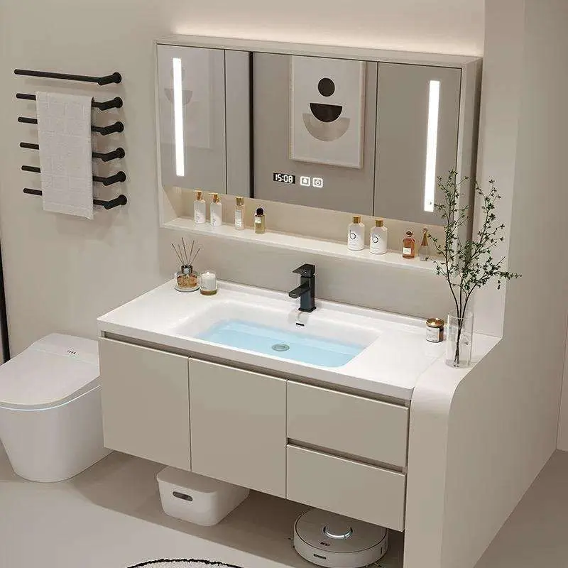 Modern Cream White Wall-mounted Bathroom Vanity with Round Corner LED Mirror Open Shelf Robot Vacuum Friendly for Bathro — view 1