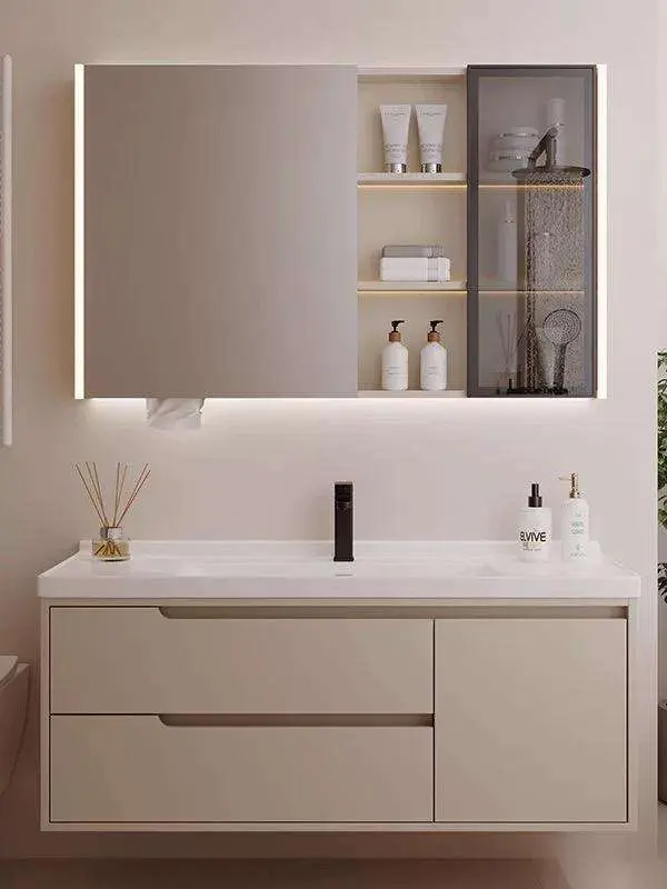 Modern Cream White Wall-mounted Bathroom Vanity with Round Corner LED Mirror Open Shelf Robot Vacuum Friendly for Bathroom — image 3
