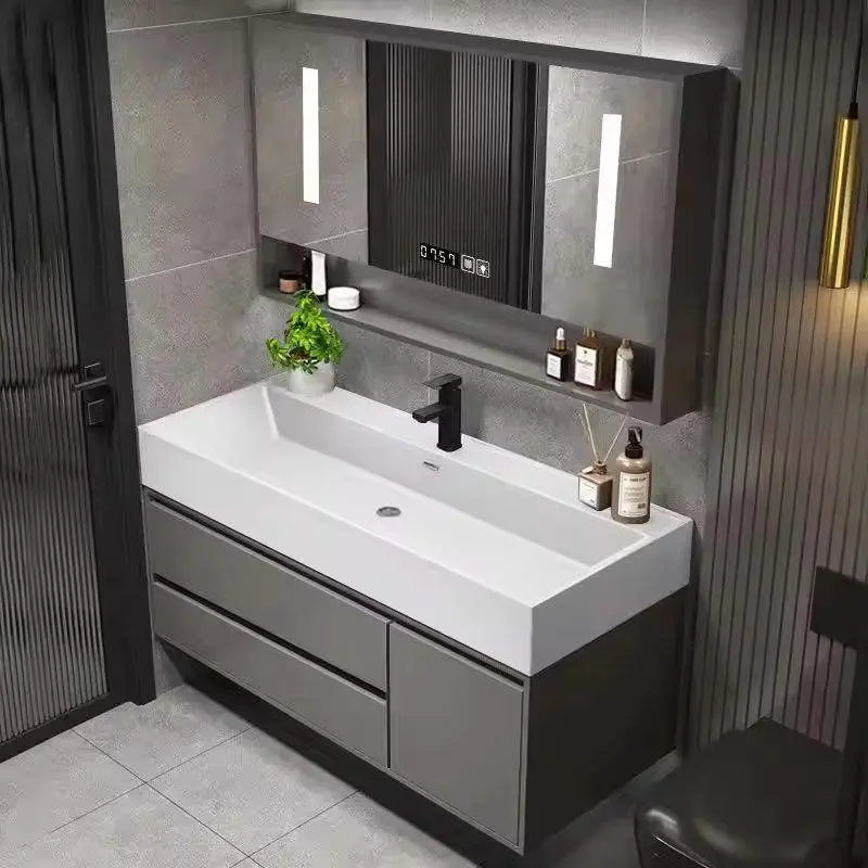 Modern Dark Grey Wall-mounted Bathroom Vanity with Long Integrated Ceramic Basin LED Smart Mirror Cabinet Open Shelf for — view 1