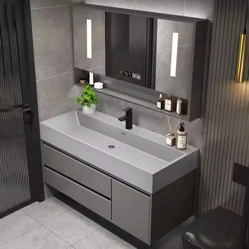 Modern Dark Grey Wall-mounted Bathroom Vanity with Long Integrated Ceramic Basin LED Smart Mirror Cabinet Open Shelf for Hotel — image 3