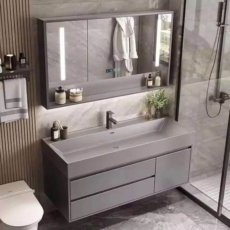 Modern Dark Grey Wall-mounted Bathroom Vanity with Long Integrated Ceramic Basin LED Smart Mirror Cabinet Open Shelf for Hotel — image 4