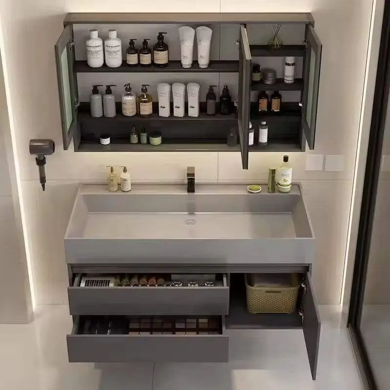 Modern Dark Grey Wall-mounted Bathroom Vanity with Long Integrated Ceramic Basin LED Smart Mirror Cabinet Open Shelf for Hotel — image 5
