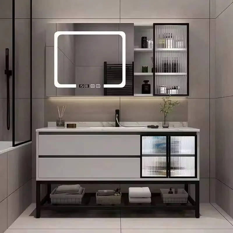 Modern Dark Grey Wall-mounted Bathroom Vanity with Long Integrated Ceramic Basin LED Smart Mirror Cabinet Open Shelf for Hotel — image 7