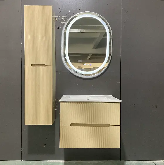 Factory-customized Multi-color Two Drawers PVC Bathroom Vanity with Side Cabinet Ceramic Basin Mirror for Hotel Bathroom — view 1