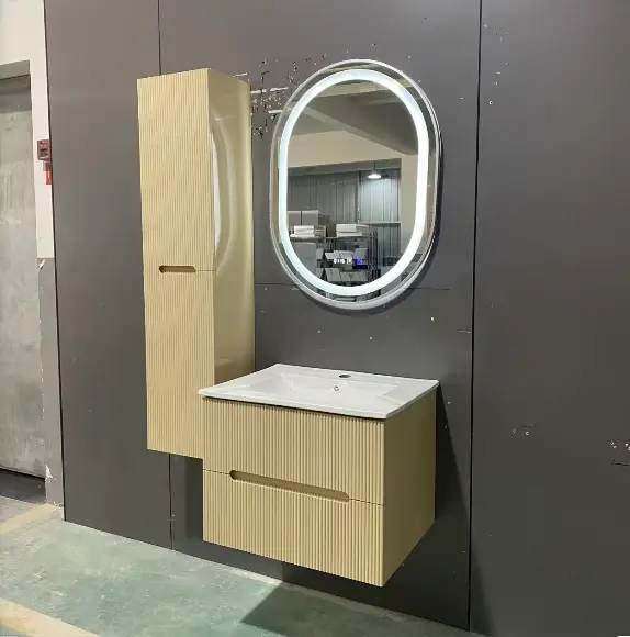 Factory-customized Multi-color Two Drawers PVC Bathroom Vanity with Side Cabinet Ceramic Basin Mirror for Hotel Bathroom — image 3