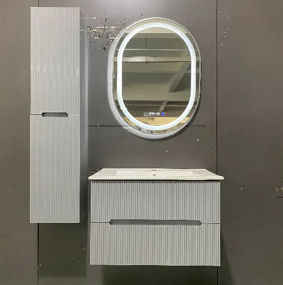 Factory-customized Multi-color Two Drawers PVC Bathroom Vanity with Side Cabinet Ceramic Basin Mirror for Hotel Bathroom — image 4