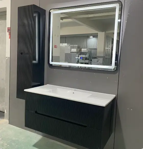 Factory-customized Multi-color Two Drawers PVC Bathroom Vanity with Side Cabinet Ceramic Basin Mirror for Hotel Bathroom — image 6