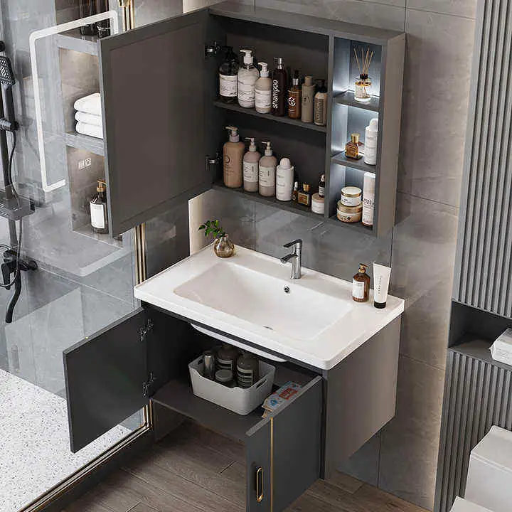 Grey Simple Single Double Door Cabnit Dressing Table Bathroom Vanity with Single Sink and Bathroom Mirror for Hotel Apartment — image 3