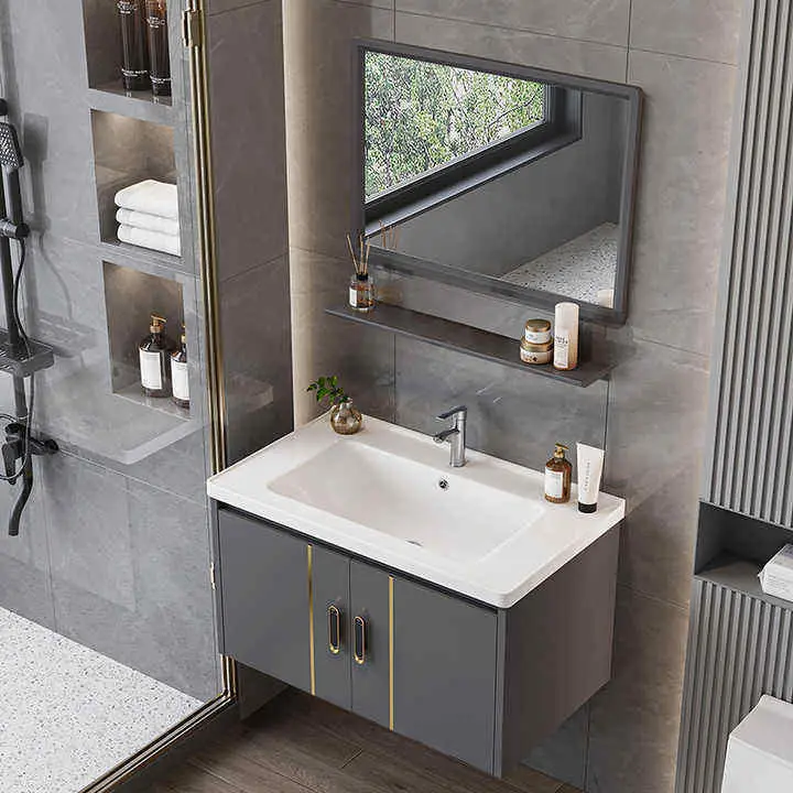 Grey Simple Single Double Door Cabnit Dressing Table Bathroom Vanity with Single Sink and Bathroom Mirror for Hotel Apartment — image 4