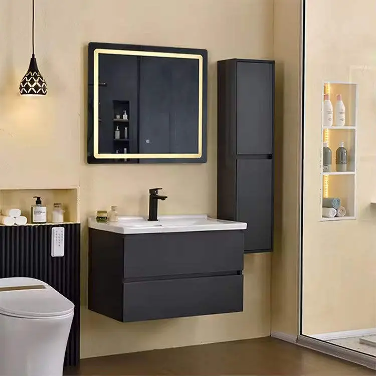 Contemporary Grey Bathroom Vanity with Soft Close Drawers Waterproof Scratch Resistant LED Mirror Bathroom Cabinet — view 1