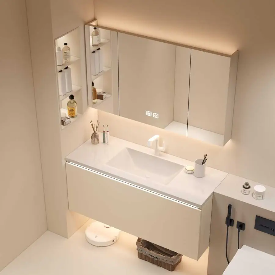 Customized European Cream Style Champagne Wall-mounted Bathroom Vanity with Integrated Sink and Smart LED Mirror Cabinet — image 3